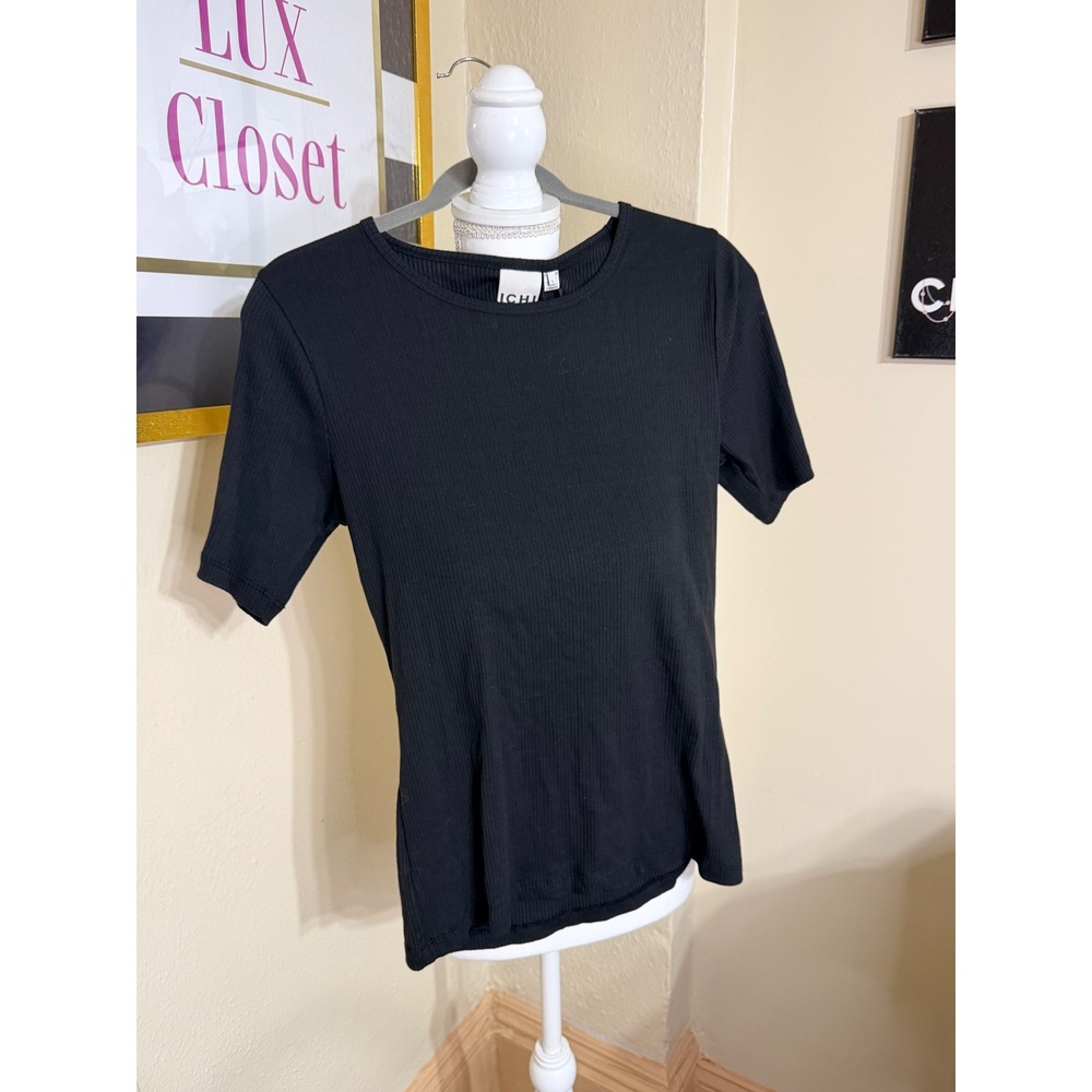 ICHI Black Ribbed Crew Neck Short‎ Sleeve Top Tee Size L NWT 20120343